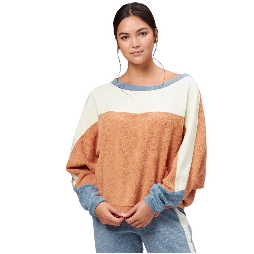 Free People‎ Boho Oversized Colorblock Sherpa Fleece Blue Monday Pullover